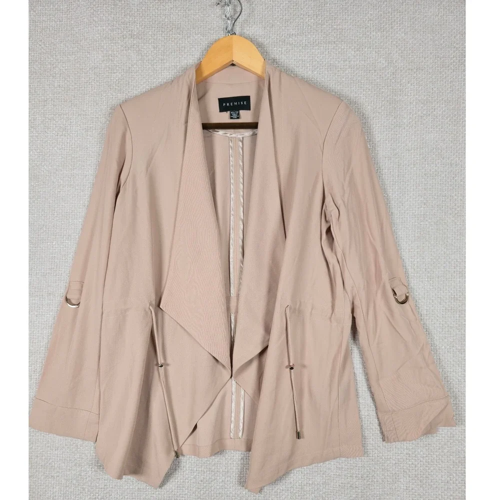 Premise Womens XS Tan Open Front Waterfall‎ Jacket Roll Tab Sleeve Cinched Waist